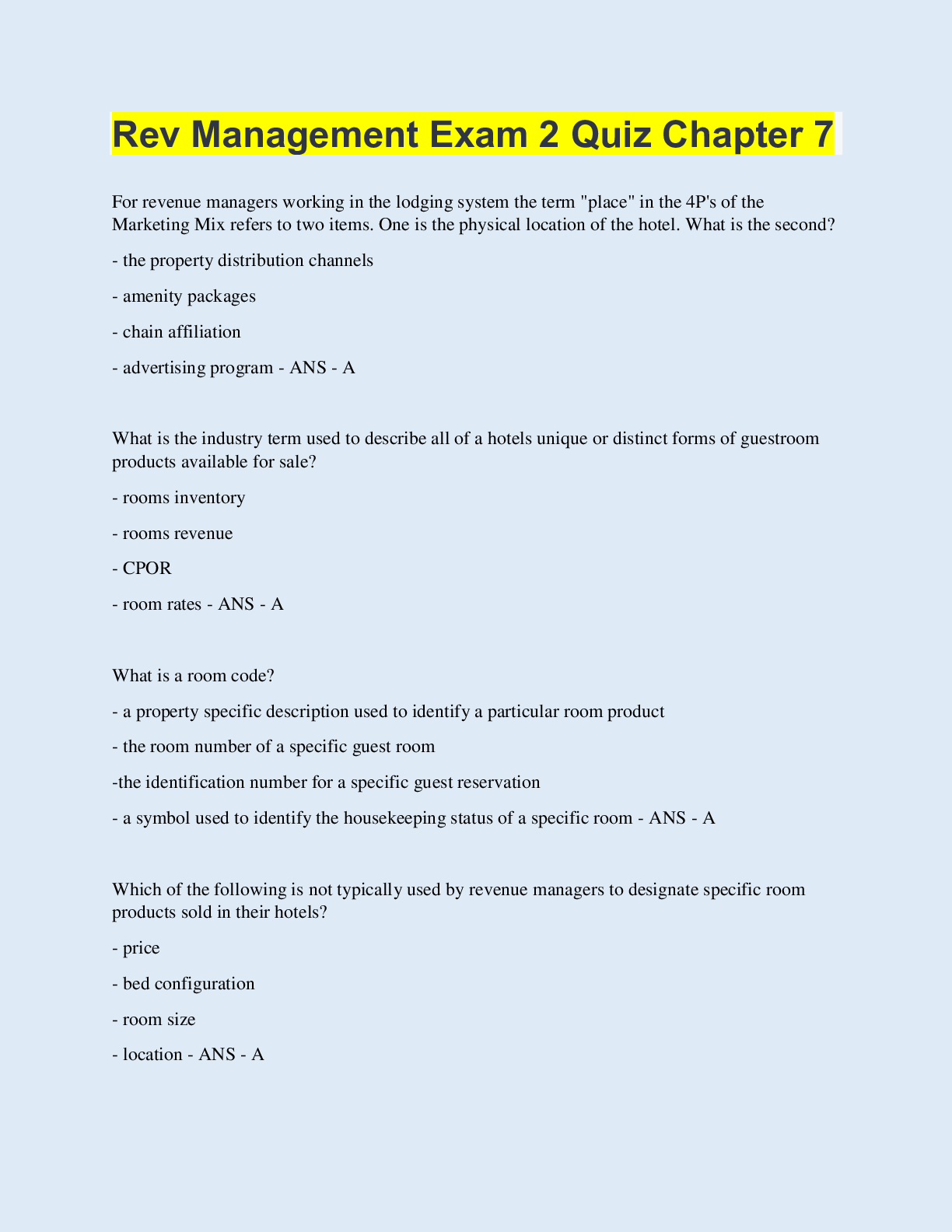 Preview image for Rev Management Exam 2 Quiz Chapter 7 | with 100% Correct Answers | Updated & Verified